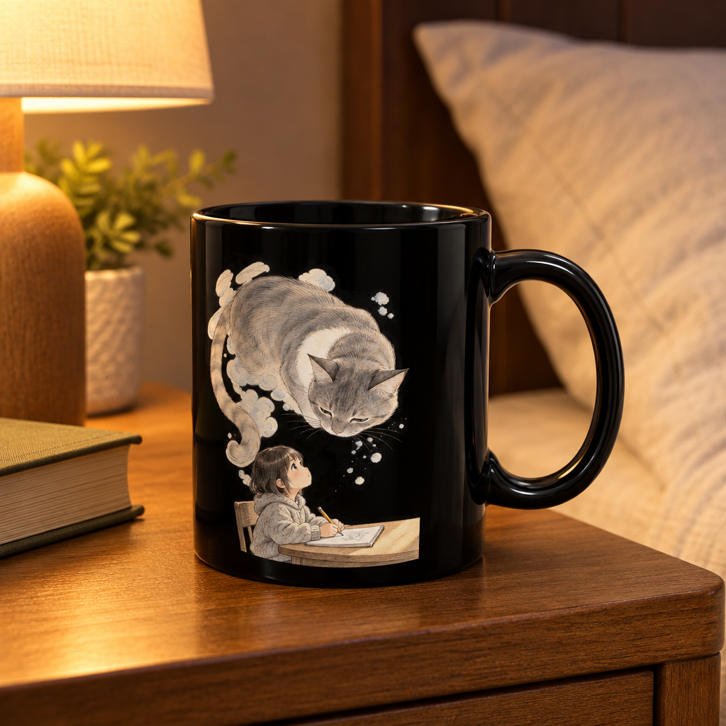Glossy black mug with a child-and-cat illustration on a bedside table.