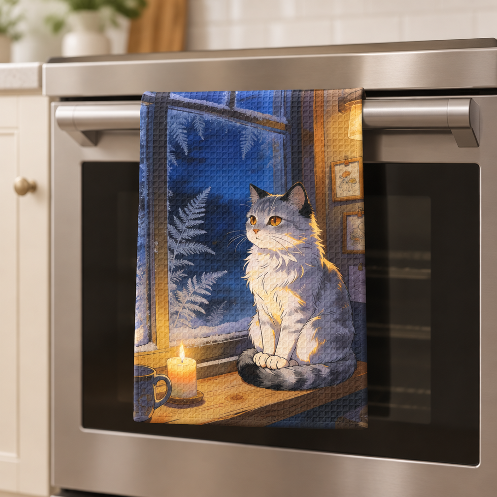 Waffle weave kitchen towel folded over an oven-door handle, showing a gray-and-white cat beside a frosty window in warm candlelight.