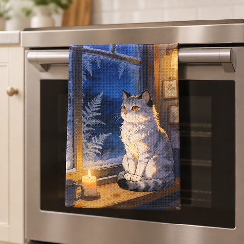 Waffle weave kitchen towel folded over an oven-door handle, showing a gray-and-white cat beside a frosty window in warm candlelight.