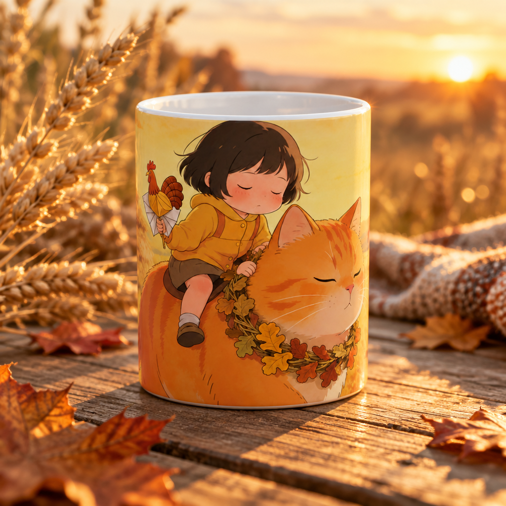 Harvest-themed ceramic mug on a rustic table at sunset among golden wheat and autumn leaves