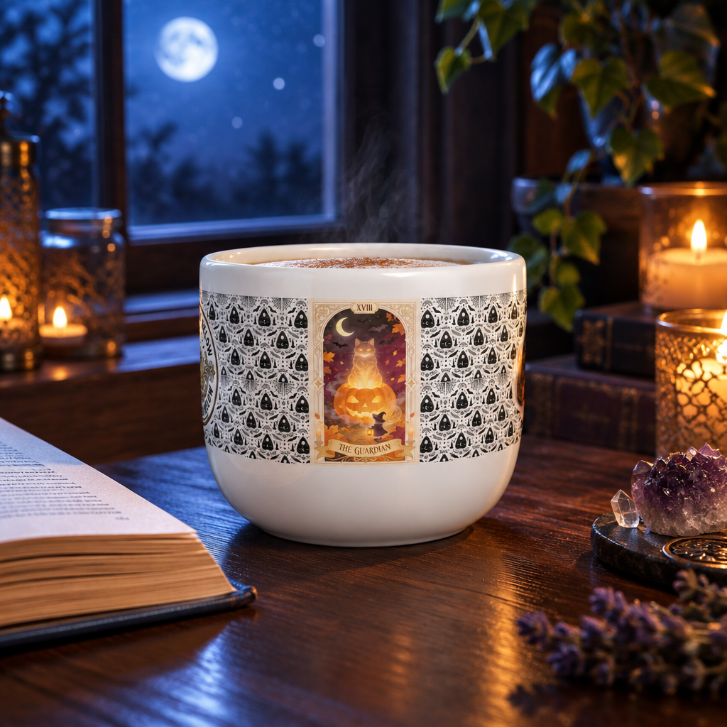 25 oz tarot latte mug on a reading table beside an open book, with moonlight and candlelight