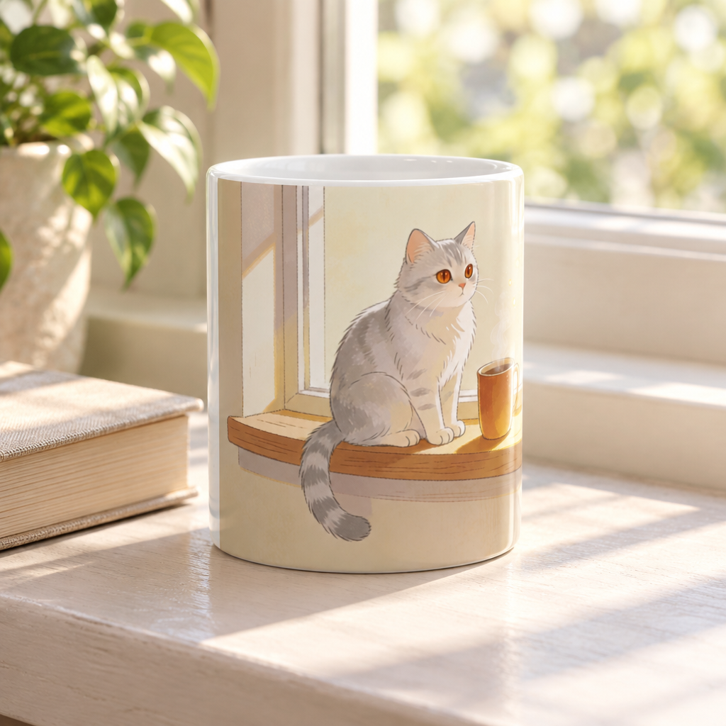 Front-facing white ceramic mug with a gray cat on a sunlit windowsill, handle behind the artwork.