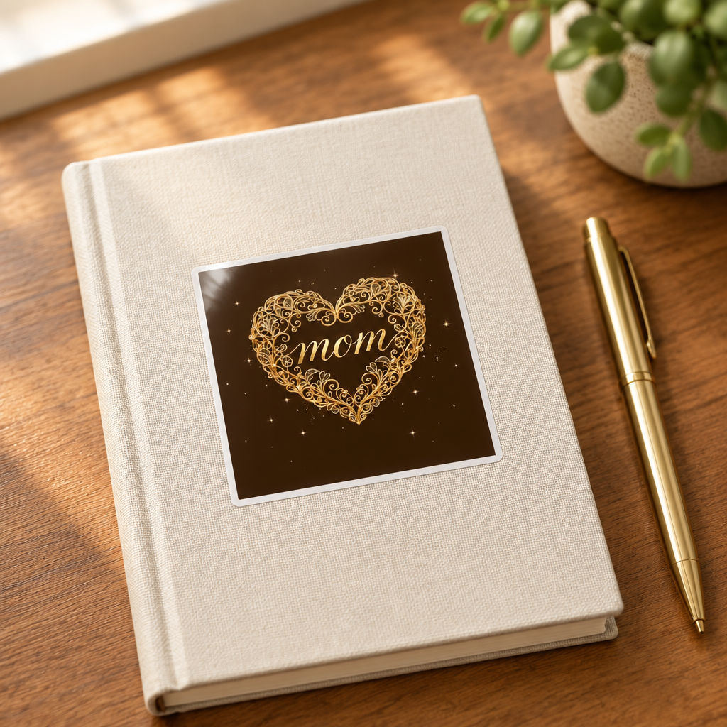 Square sticker with a gold filigree heart and mom lettering, placed on a cream notebook.