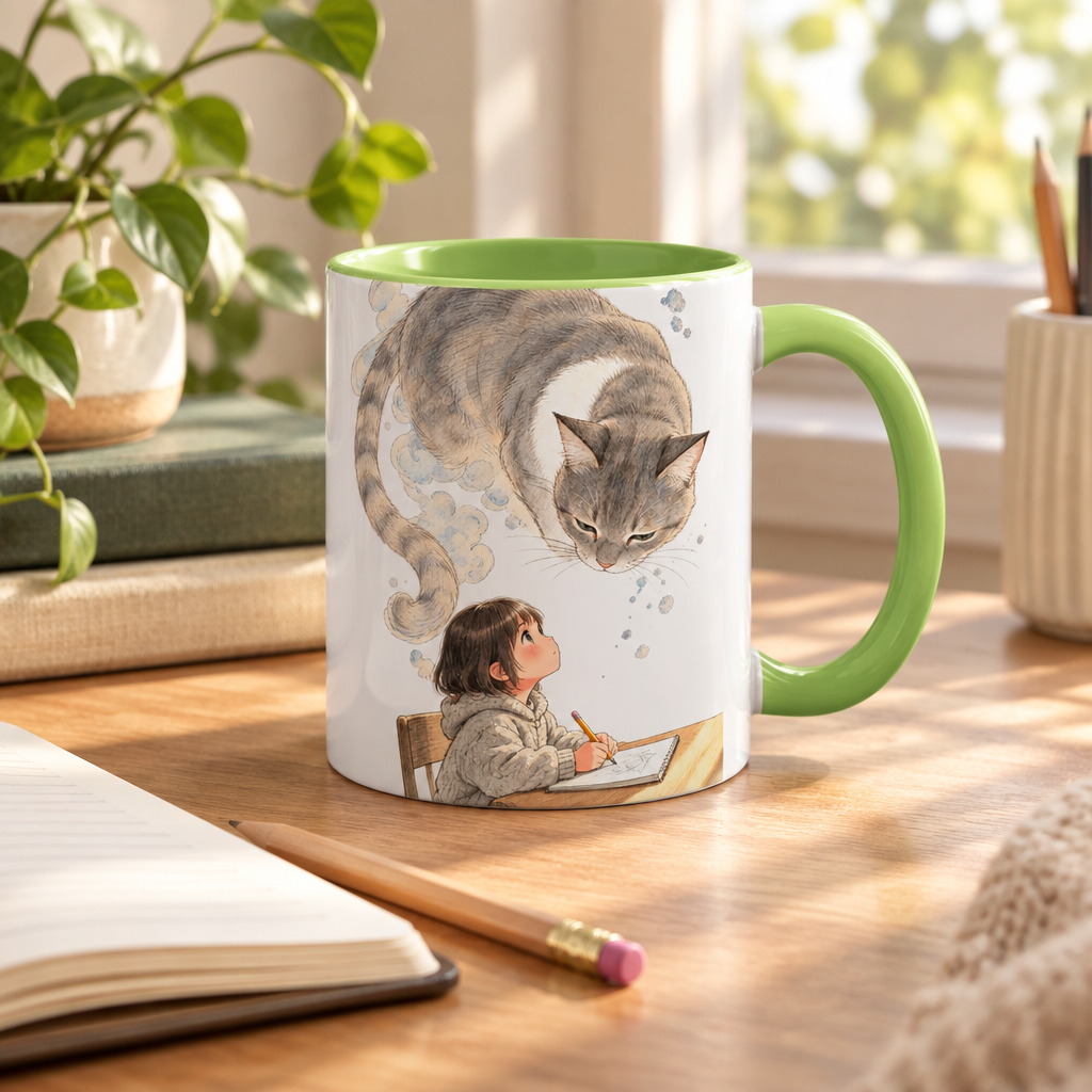 White accent mug with a child-and-cat illustration, green interior and handle, on a sunlit writing desk.