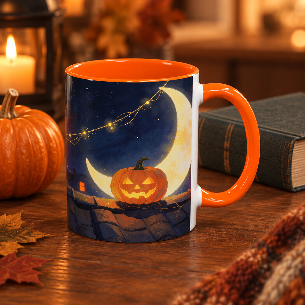 White ceramic accent mug with a moonlit jack-o'-lantern illustration, orange interior and handle.