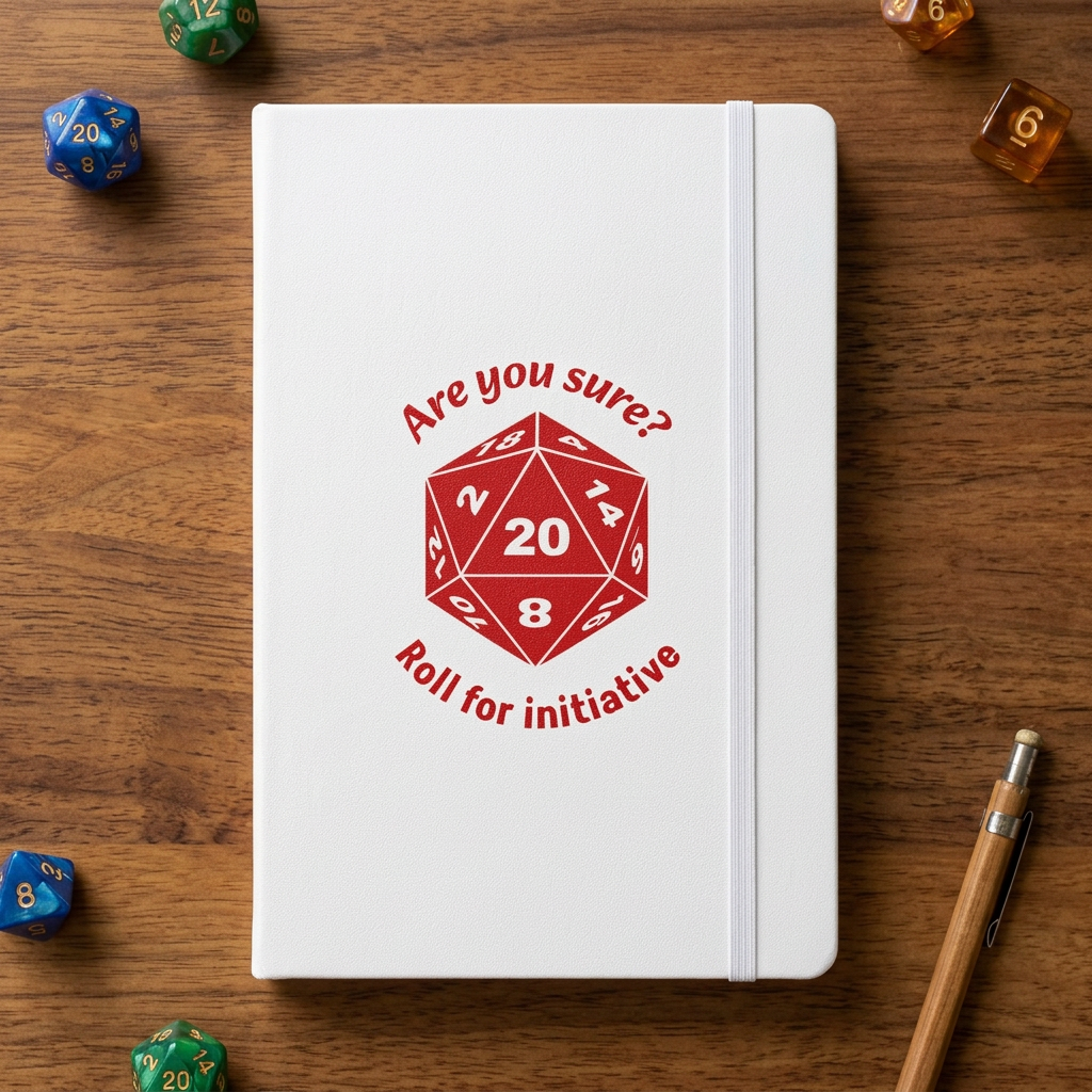 White hardcover notebook with a red twenty-sided die and Are you sure? Roll for initiative lettering on a wooden gaming table.