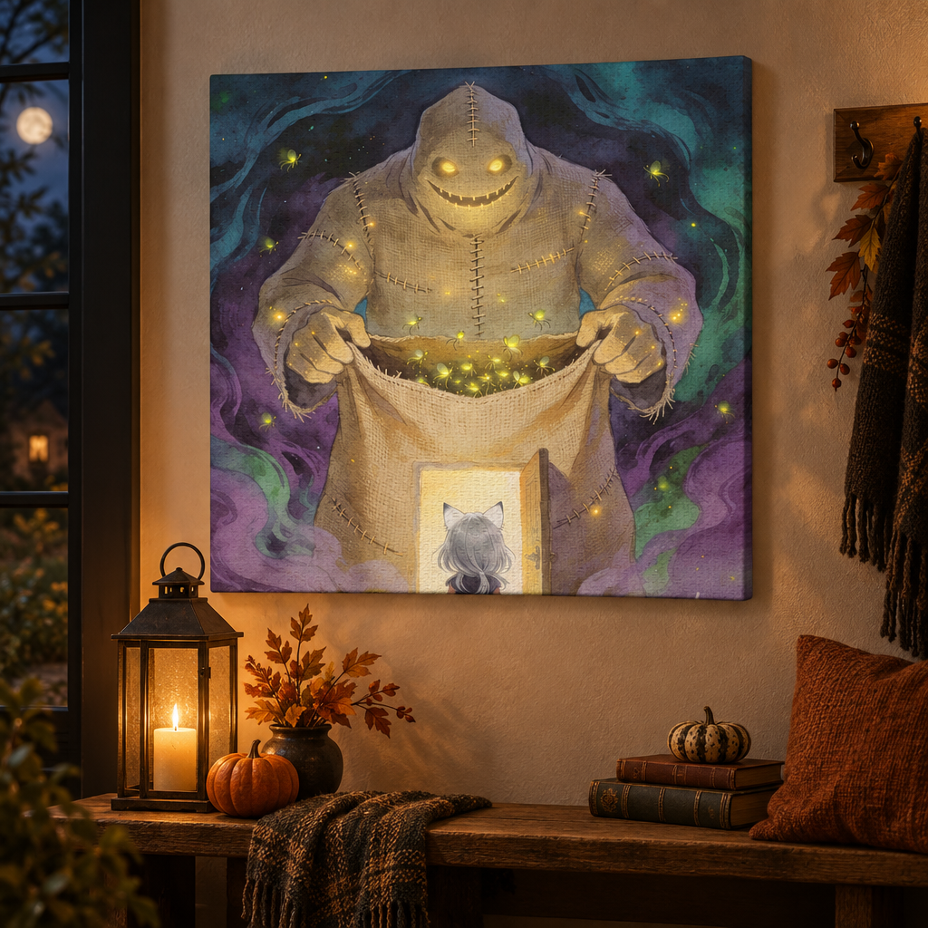 Stitched lantern-eyed monster and cat doorway guardian canvas displayed in a cozy Halloween entryway.