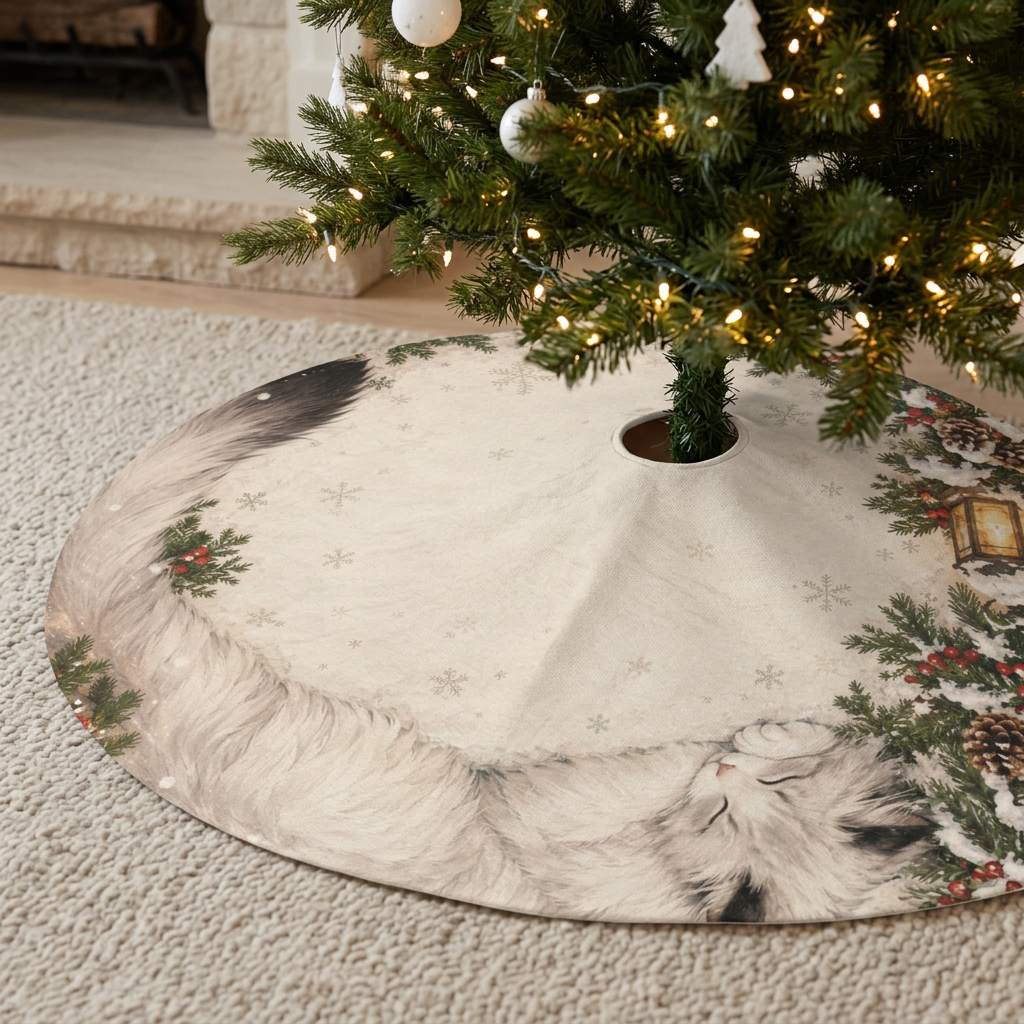 Cream Christmas tree skirt featuring a sleeping white cat, greenery, snowflakes, and lantern artwork beneath a lit Christmas tree.