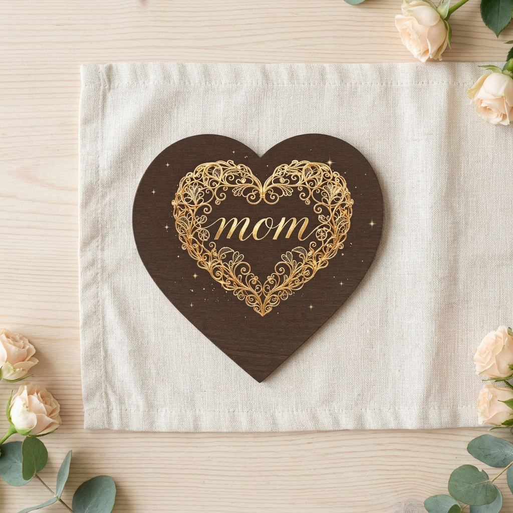 Dark brown heart-shaped wooden ornament with gold-colored mom lettering and an ornate filigree heart on cream linen.