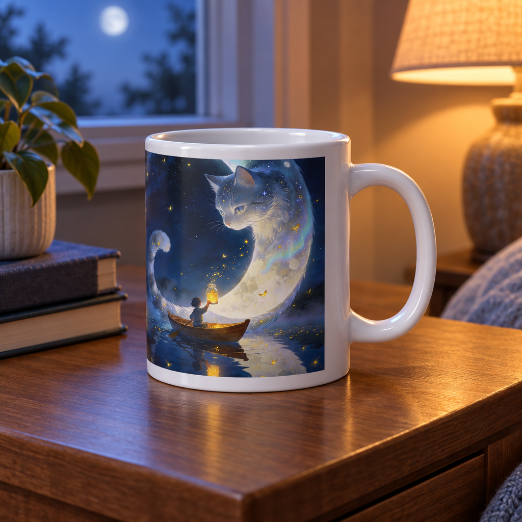 White 20 oz ceramic mug with moonlit cat and crescent artwork on a nightstand.