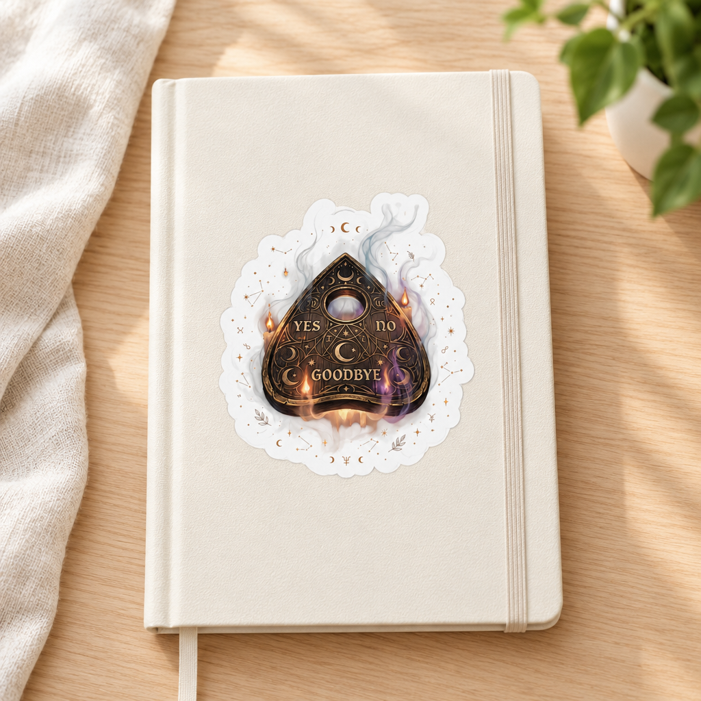 White-backed planchette sticker with YES, NO, and GOODBYE lettering, on an ivory notebook.