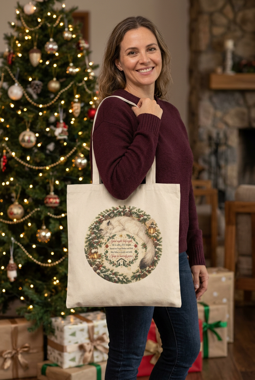 Silent Night Carol — Christmas Wreath Canvas Tote Bag