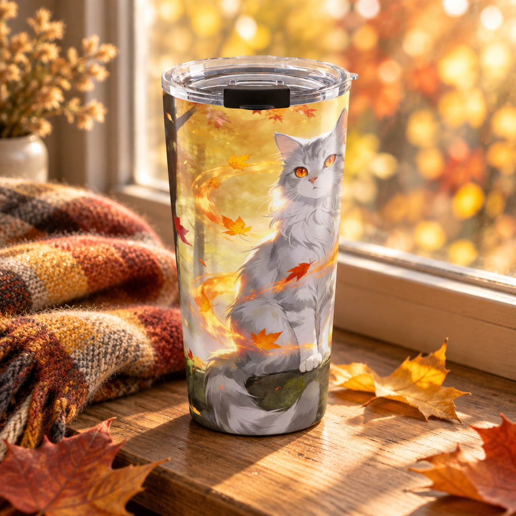 20 oz tumbler with autumn cat artwork on a sunlit windowsill beside a scarf.
