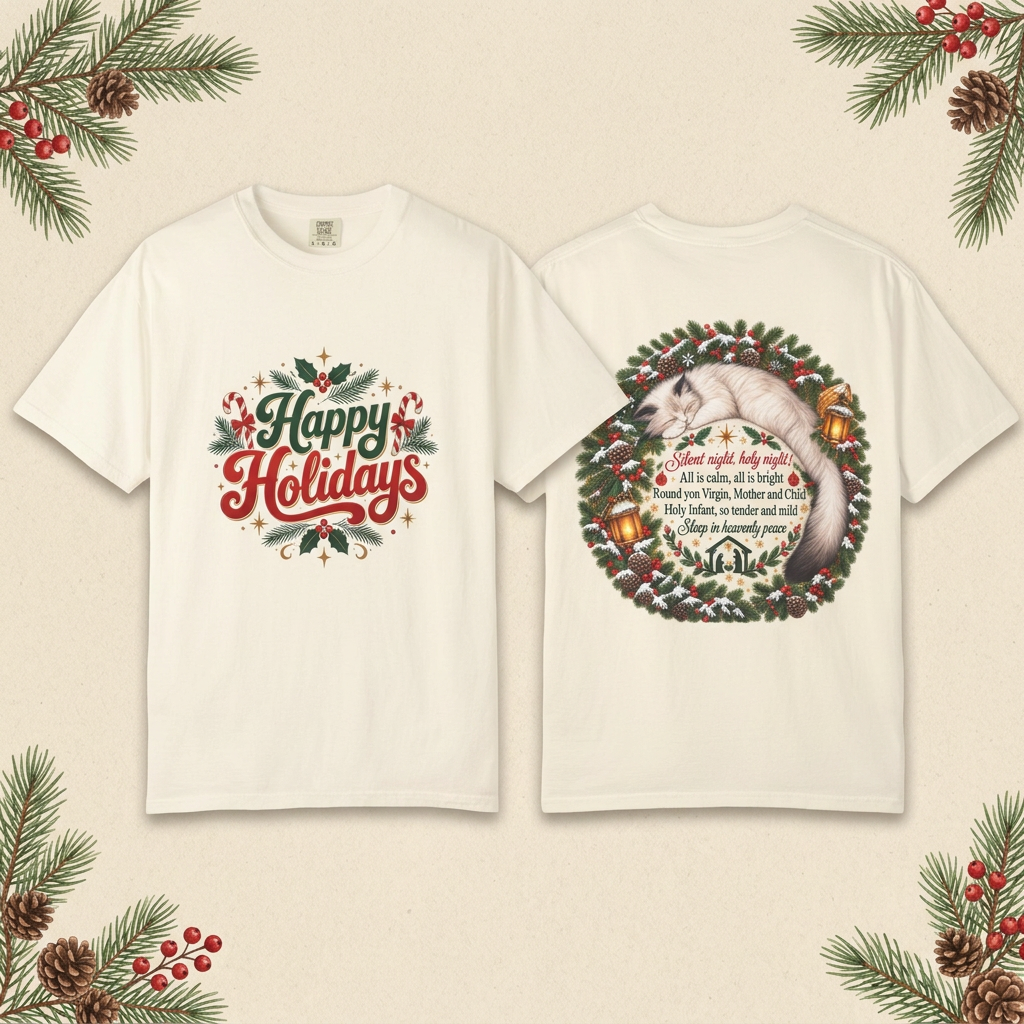 Ivory Christmas cat T-shirt front and back with Happy Holidays lettering and a sleeping cat Silent Night wreath print