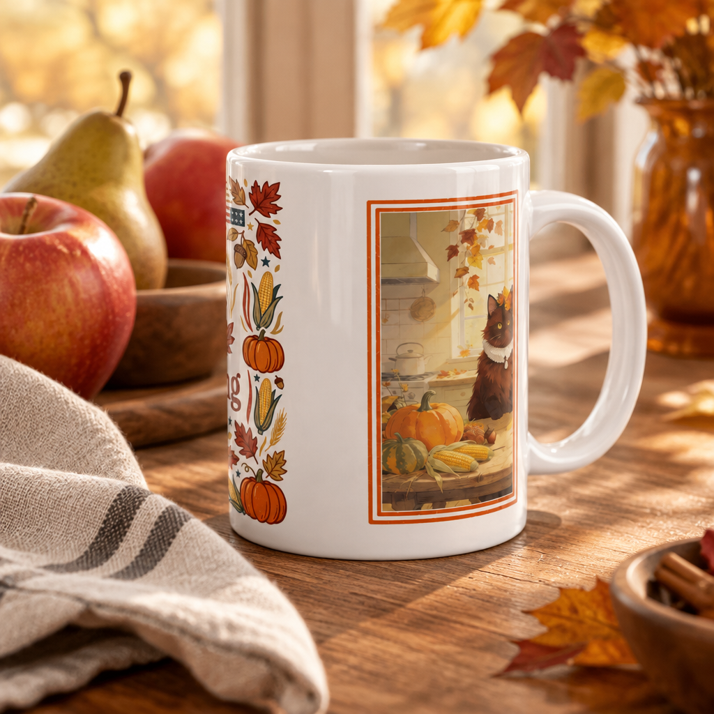 Ceramic harvest mug shown from the side on a fall table with apples, pears and autumn leaves