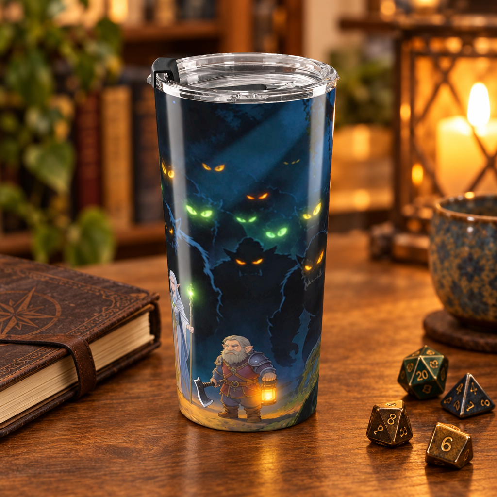 20 oz tumbler with a candlelit fantasy scene and glowing eyes beside tabletop dice.