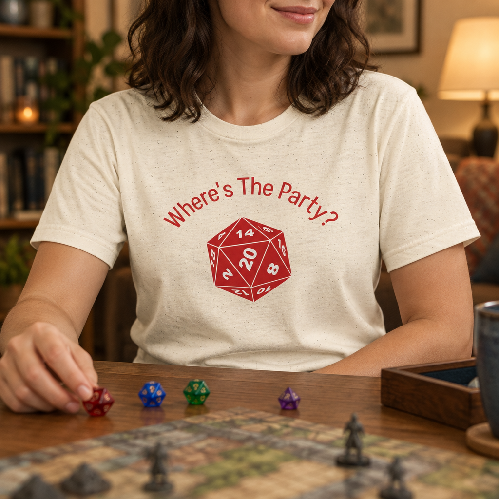 Adult wearing a D20 graphic T-shirt at a tabletop game night.