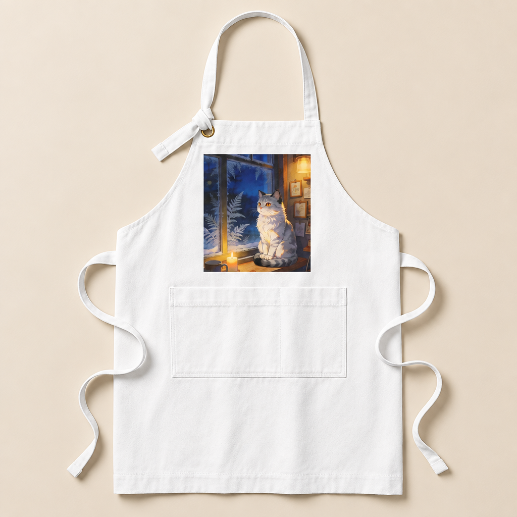 White bib apron with a printed pale cat beside a frosty blue window in warm golden lamplight.