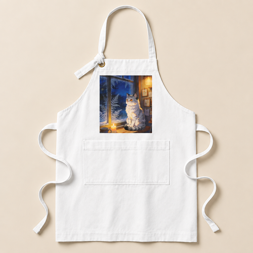 White bib apron with a printed pale cat beside a frosty blue window in warm golden lamplight.