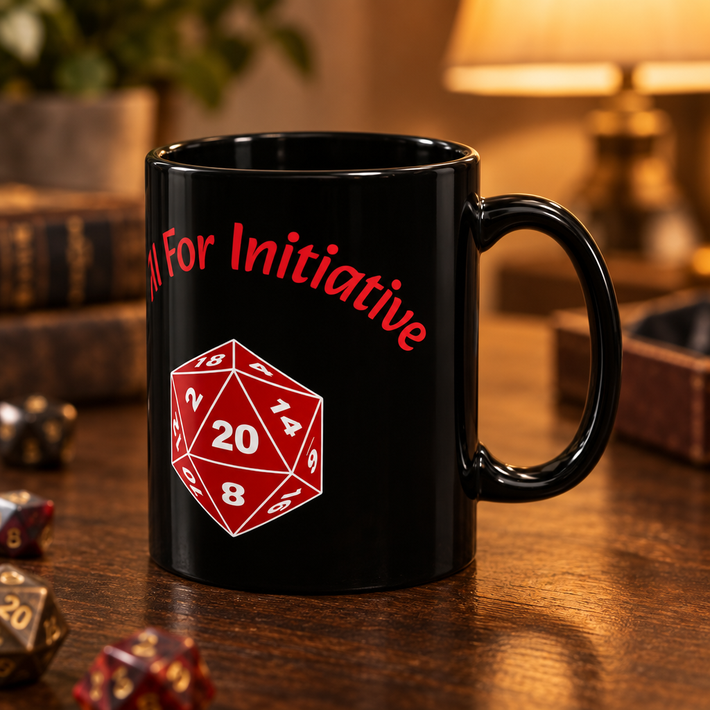 Glossy black mug with red d20 artwork and the phrase For Initiative beside tabletop dice.
