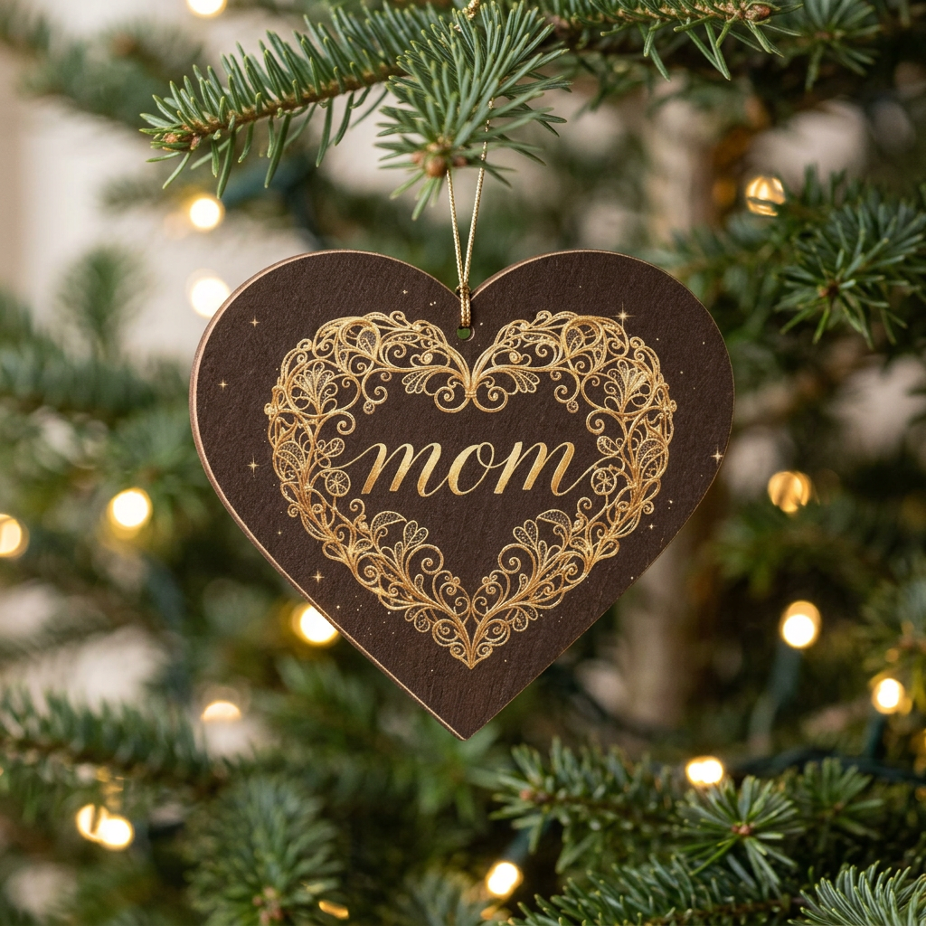 Heart-Shaped Wooden Ornament with Gold “Mom” Heart Design