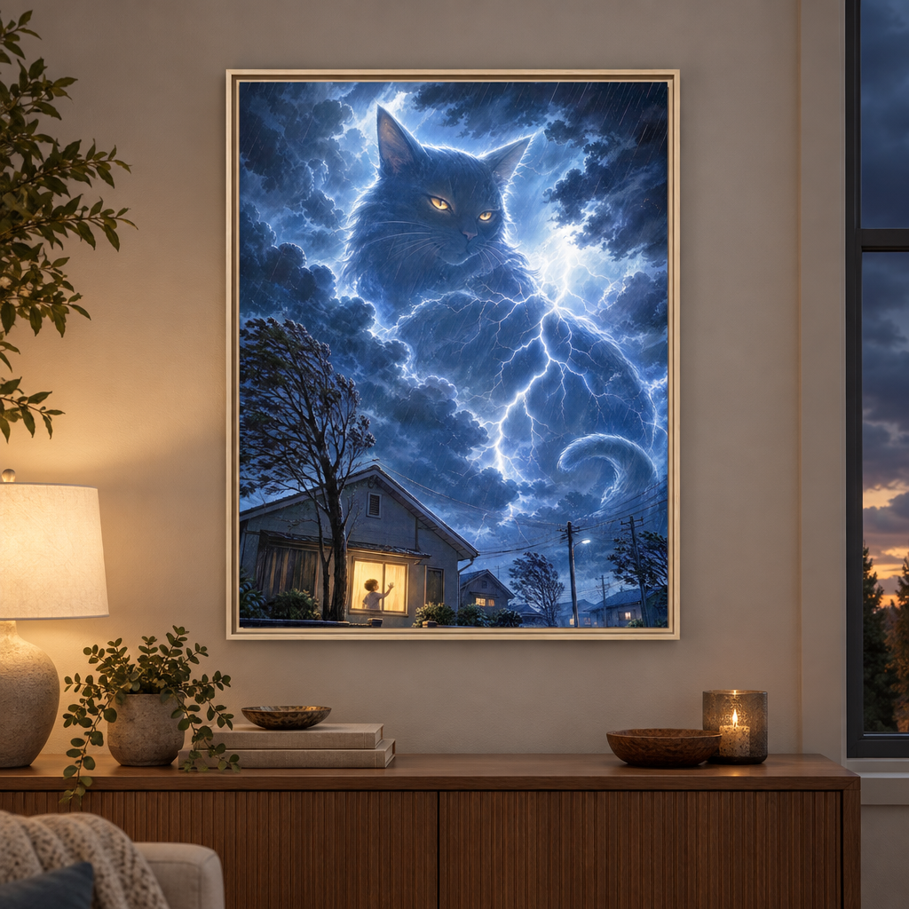 Never Fear the Storm — Lightning Cat Framed Matte Canvas
