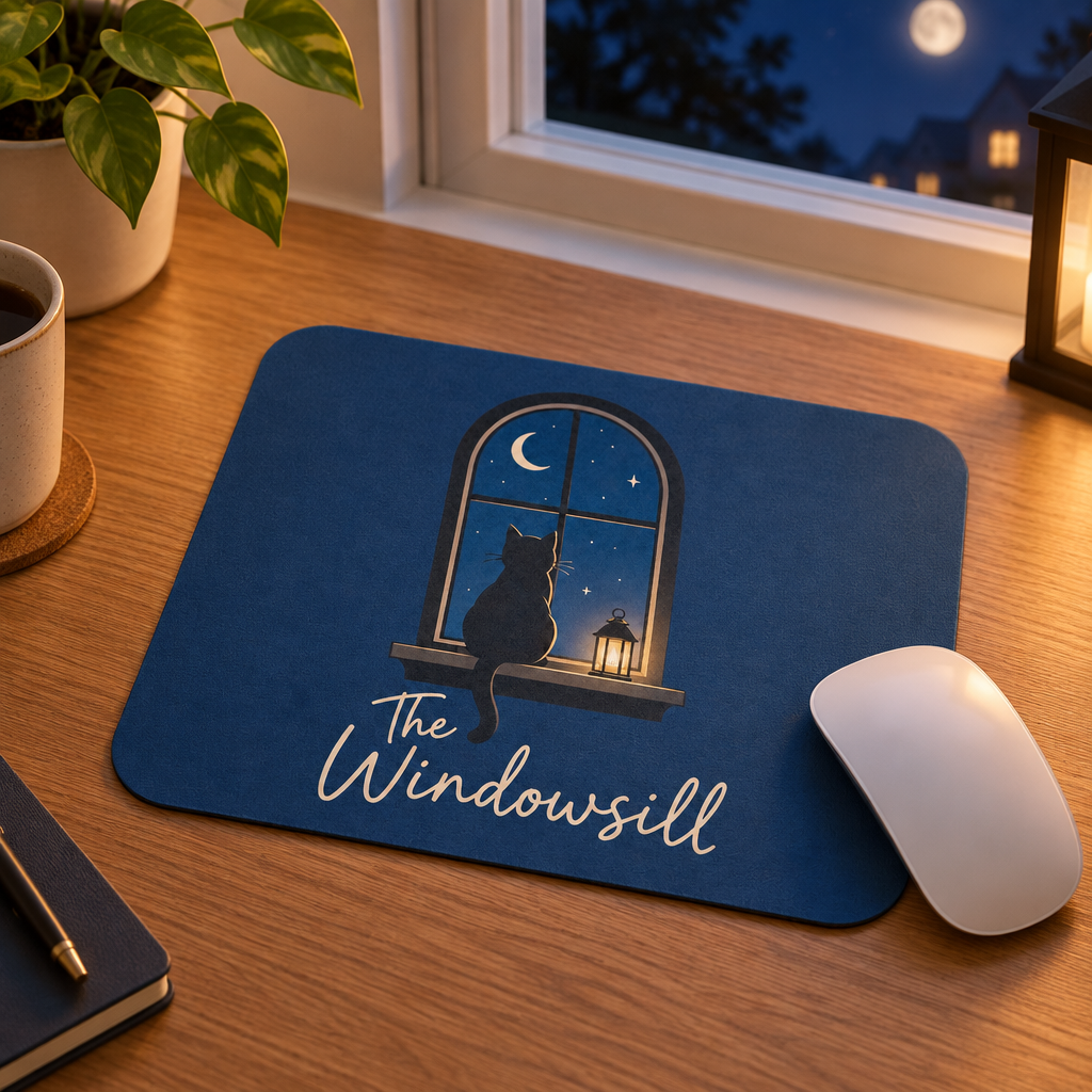 Night Watch from the Sill — Windowsill Cat Mouse Pad, 9x8