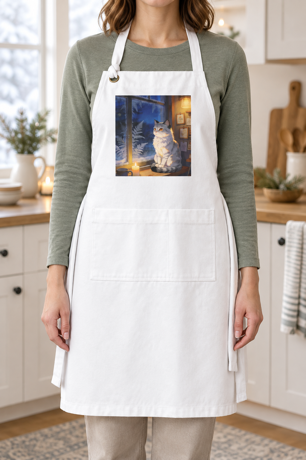Winter Keeper of the Windowsill - Holiday Cat Kitchen Apron
