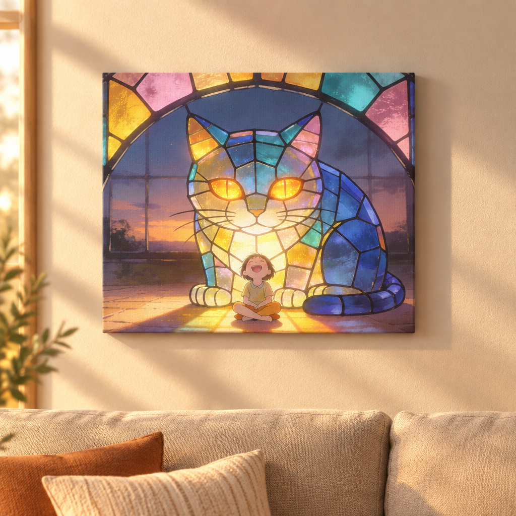 Sunset Sentinel — Stained Glass Cat Sunset Canvas Wall Art