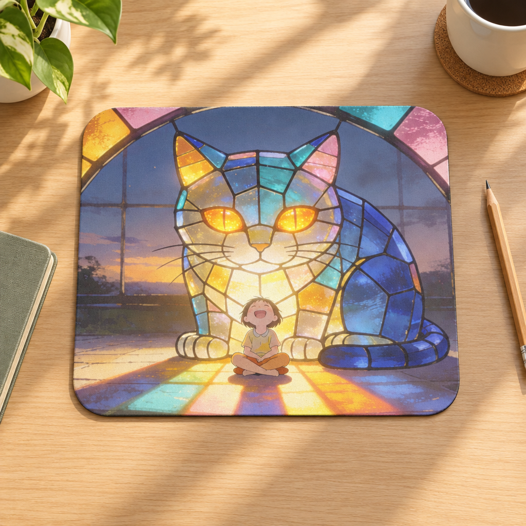 The Little Watcher — Stained Glass Guardian Cat & Child Desk Pad, 9x8