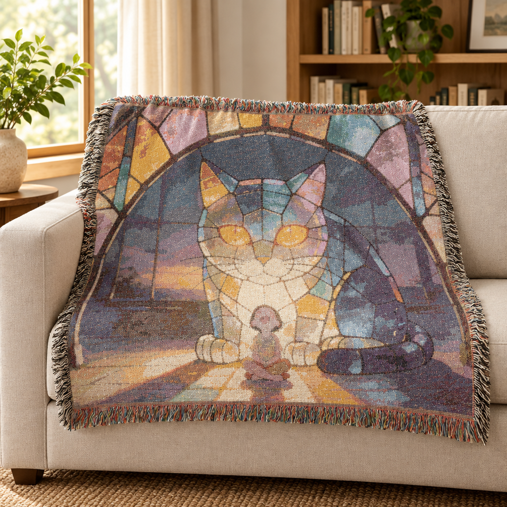 The Warm Window Watch — Stained Glass Cat Cotton Woven Throw, 52x37