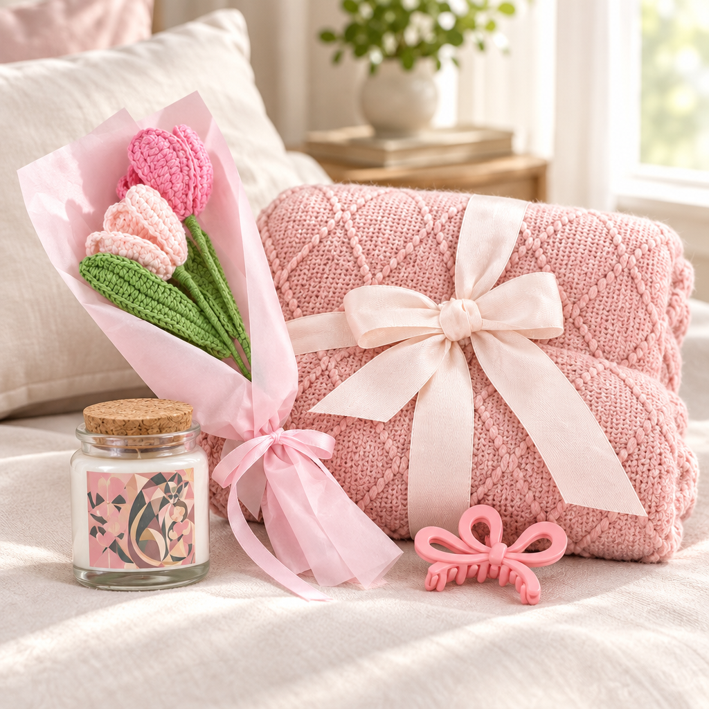 The Whole Nest, Guarded — Geometric Gift Set: Candle, Flowers, Throw & Bow Clip