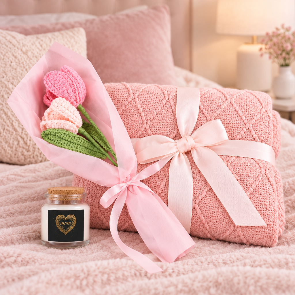 Wrapped in Warmth — Blush Mom Gift Set: Candle, Blanket & Bouquet